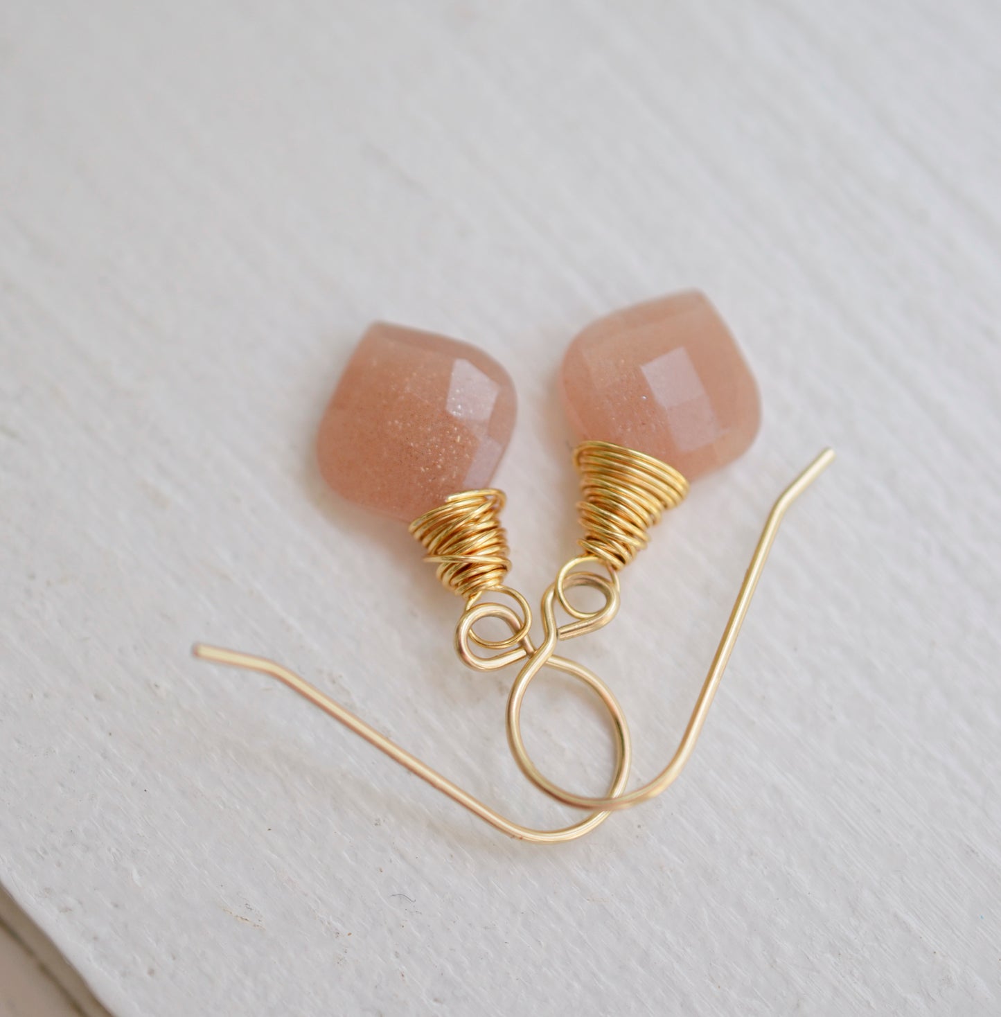 Peach Sunstone Wire Wrapped Earrings