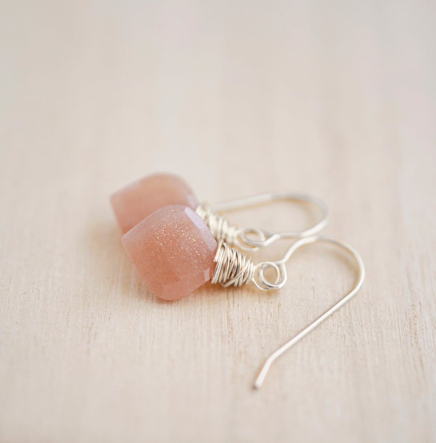 Peach Sunstone Wire Wrapped Earrings
