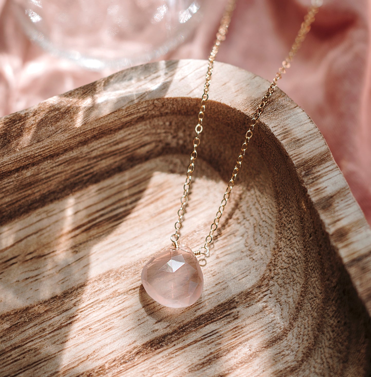 Handmade natural Rose Quartz pendant in 14k gold filled or sterling silver. Pink Rose Quartz Jewelry